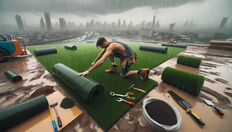 Pose de gazon synthétique sous la pluie