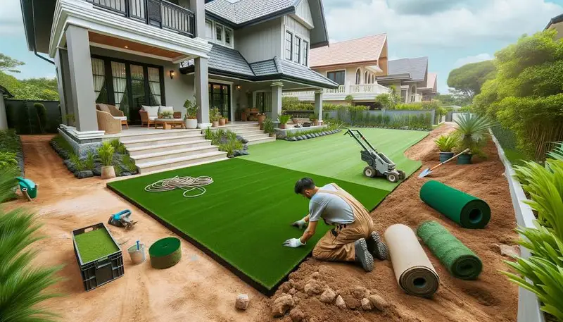 Pose de gazon synthétique en bordure de maison