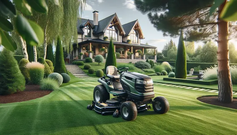 Tondeuse autoportée à côté d'une maison
