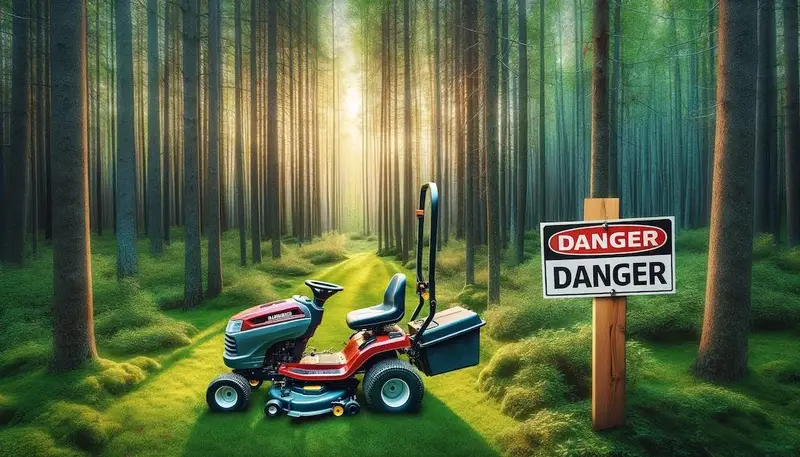 Tracteur tondeuse autoportée dans une forêt avec un panneau danger