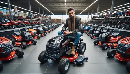 Une personne assise sur un tracteur tondeuse autoportée dans un magasin de tondeuses