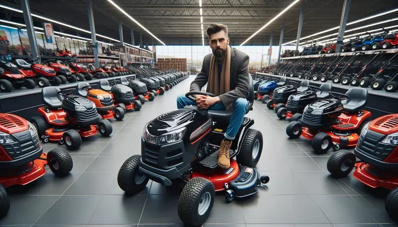 Une personne assise sur un tracteur tondeuse autoportée dans un magasin de tondeuses