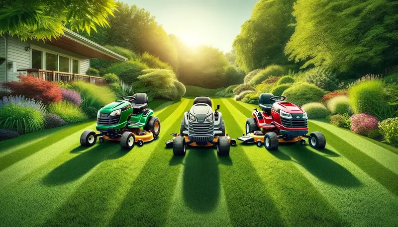 Trois tracteurs tondeuses autoportées cote à cote dans un jardin