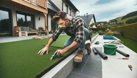 Une personne en train de poser du gazon synthétique sur une dalle en béton