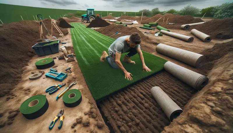 Une personne en train de poser du gazon synthétique sur de la terre
